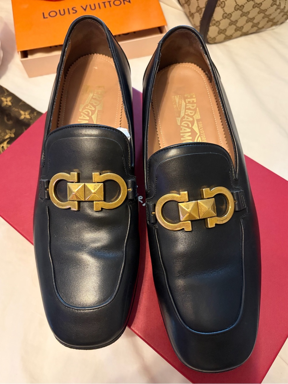 Salvatore Ferragamo Black Leather Loafers with Gold Horsebit